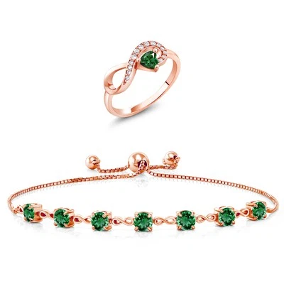 Juego de pulsera de anillo de plata enchapado en oro rosa de 18 quilates nano esmeralda verde de 3,37 quilates Foto 1 de 3