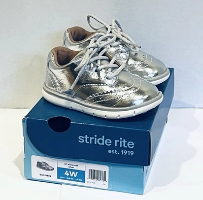 Stride Rite Unisex Child SRT Ellsworth Silver Leather Shoes NIB Size 4W  STRS1 - Image 1 of 4
