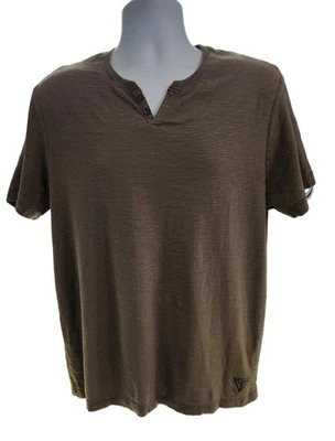 GUESS Mens XL Y2K Henley TShirt Brown Slub Cotton Short Sleeve Casual Streetwear - Image 1 of 4