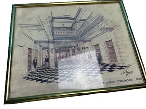Dade County Courthouse Lobby Limited Print Pen & Ink Signed Gold Toned Frame - Picture 1 of 8