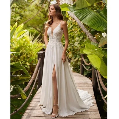 Boho Beach Wedding Dress V-Neck Appliques Split Backless Bridal Gown Customized - Image 1 of 4