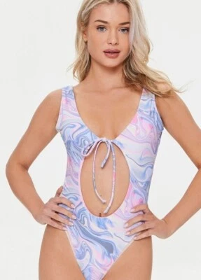 Forever 21 女式粉色蓝色大理石印花镂空沐浴泳装 M 全新 — 第 1/4 张图片