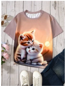 SHEIN Tween Girl's Scenery Cat Kitten Sunset 3d Printed T-Shirt Shirt Pink 12 - Picture 1 of 6