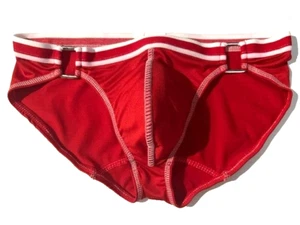 New PPU Mens Red Microfiber Bikini Brief Underwear Silver Metal side rings sz M - Picture 1 of 13