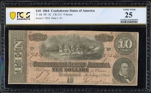 1864 $10 Ten Dollar Confederate States of America Note Richmond T-68 PCGS VF 25 - Picture 1 of 3