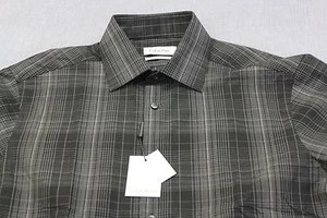 CALVIN KLEIN Men LICORICE BLACK & GRAY SLIM FIT CHECKER SHIRT NWT 17.5 32-33 $70 - Picture 1 of 3