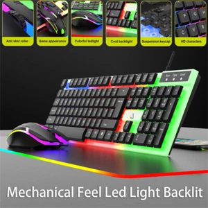 Gaming Keyboard And Mouse LED Light Backlit Mechanical Feel For Computer Desktop - Picture 1 of 18