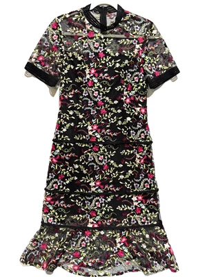New Soo-linen floral overlay lace black embroider dress sz S Fairy boho coquette - Image 1 of 4