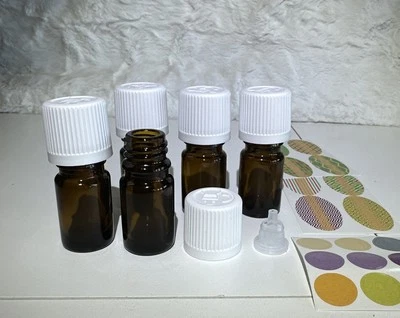 5 botellas de vidrio ámbar de aceite esencial de 5 ml resistentes a los niños tapas blancas, reductores, etiquetas Foto 1 de 4