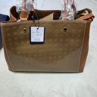 Arcadia Italy Gina Beige Brown Gold Hardware Patent Leather Double Handle Strap - Image 1 of 4