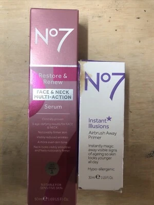No7 Restore & Renew Face Neck  Multi Action Serum 50ml Boxed + Airbrush Primer - Image 1 of 4