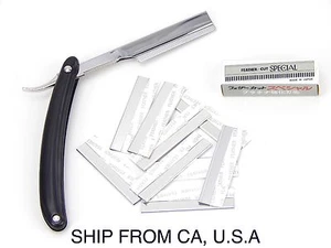 Straight Barber Edge Steel Razors Folding Shaving Knife With 10 Pcs Blades Black - Picture 1 of 1