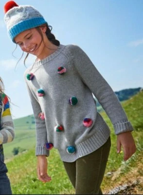Boden Girls Colorful Pompom Sweater Long Chinky Knit Gray Cotton Blend sz.15-16Y - Image 1 of 4