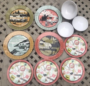 Retro Vintage Camp Casual Dinner Salad Plates Bowls Set Camping RV Kitsch Cute - Picture 1 of 4