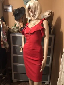 Almost Famous Red Bodycon Sleeveless Dress Ruffle Trim Slit Size S Small - Picture 1 of 5
