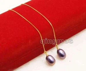 SALE 7-9mm Drop Black Natural pearl Gold-Color silver s925 Ear Line Earring-e660 - Picture 1 of 17
