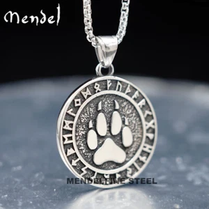 MENDEL Stainless Steel Mens Norse Viking Fenrir Wolf Paw Rune Pendant Necklace - Picture 1 of 7