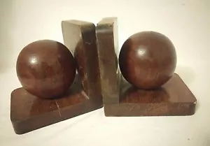 Vintage Pair Carved Wood Sphere Balls Orbs Book Ends - Picture 1 of 6