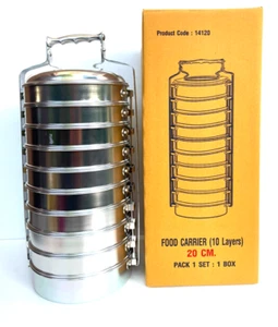 Vintage Style Thai Traditional Aluminium Tiffin Silver Pinto Size 20cm 10 Stacks - Picture 1 of 12