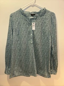 Blusa Talbots Mujer XS Verde Azul Negro Popover Volantes Cuello Algodón Henley - Imagen 1 de 9