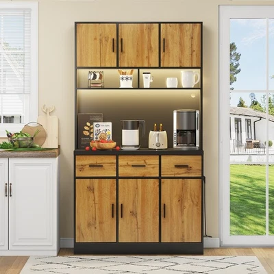 Buffetschrank mit LED Vorratsschrank Küchenschrank Sideboard Highboard Natur - Bild 1 von 4