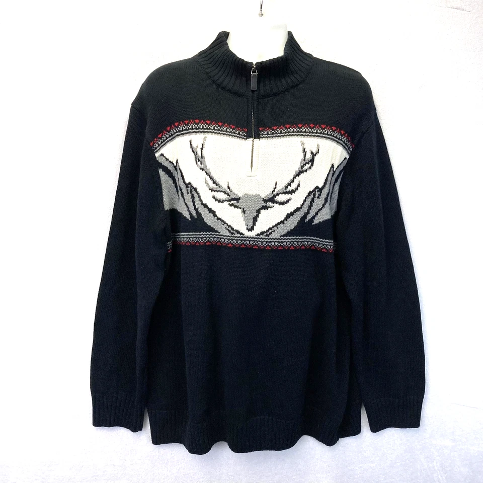 Chaps Deer Stag 1/4 Zip Sweater Mens 2XT 2XL Tall Black Cotton Knit Holiday - Image 1 of 4