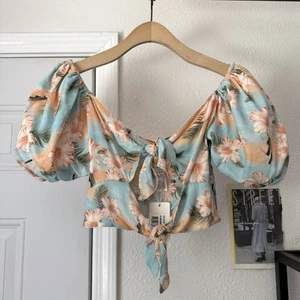 NWT AGUA BENDITA blue orange floral tropical puff short sleeve cutout tie top - Picture 1 of 6