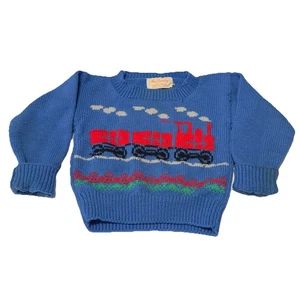 Pull vintage tricoté main trains rouges bleu tricot enfant pull manches longues 2T ? - Photo 1/8