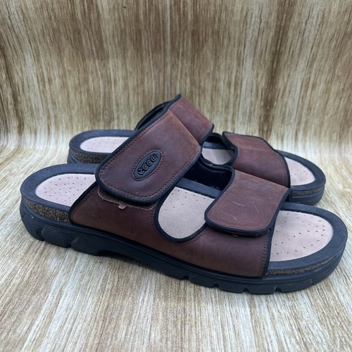Ecco Cozmo Uomo EU 46 US 12 Comfort Marrone Nero Sandali Slides Scarpe Pelle