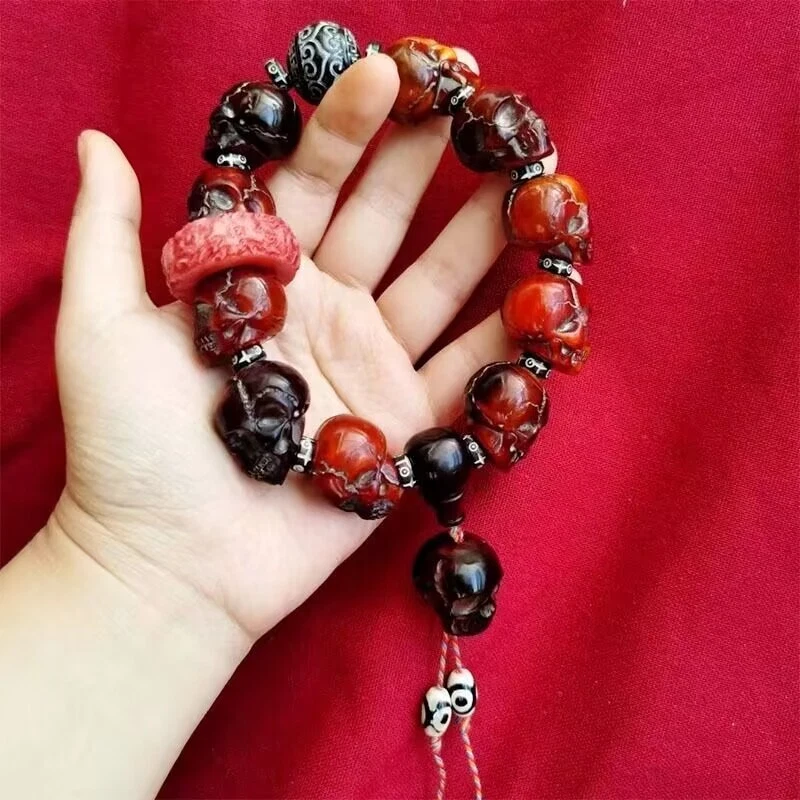Pulsera de cuentas con cabeza de calavera tallada cuerno de yak tibetano estatua colección amuleto Foto 1 de 4