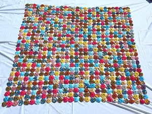 VINTAGE HANDMADE YO YO QUILT THROW 58 X 58 SQUARE - Picture 1 of 3