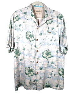 Tommy Bahama Hawaiian Shirt Mens Sz Large Beige 100% Silk Hibiscus Original Fit - Picture 1 of 12