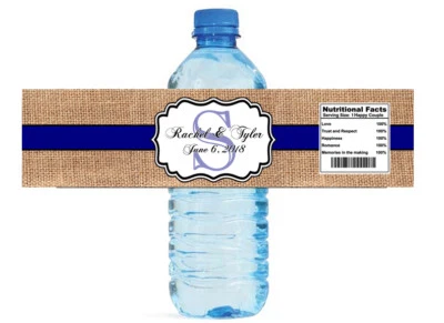 Etiquetas de botella de agua a rayas azul marino y arpillera boda aniversario fiesta nupcial Foto 1 de 4