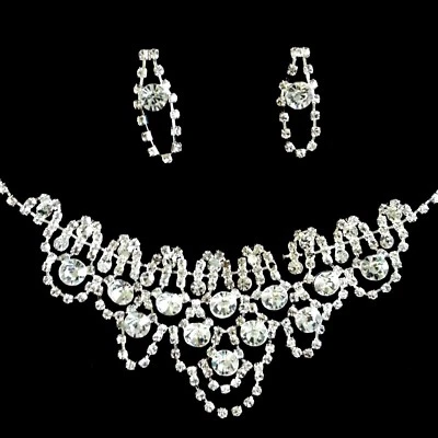 Bijoux Strass Ensemble Boucles D'oreilles Clous Collier Bijoux De Fête Mariage - Photo 1/2