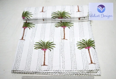 Edredón Kantha reversible indio estampado de bloques blanco manta doble arte Foto 1 de 4