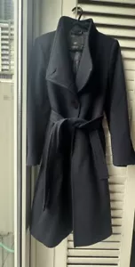 MANGO MNG Basics Long Line Wool Coat Jacket XS 6 Dark Blue - Picture 1 of 16