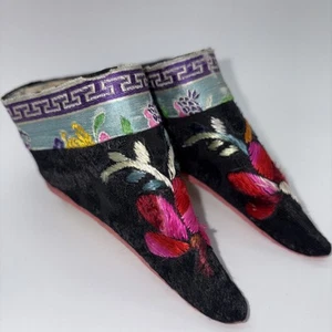 Antique Black Chinese Lotus Shoes Wedge Heel Foot Binding Hand Made/ Embroidered - Picture 1 of 12