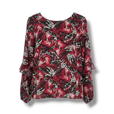 Alfani Women’s Red Black Abstract Print Long Sleeve Ruffle Blouse – Size Large - Image 1 of 4