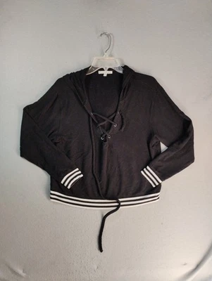 Sudadera Express Mujer Pequeña Negra Relajada Con Cordones Con Capucha Manga Larga Recortada Foto 1 de 4