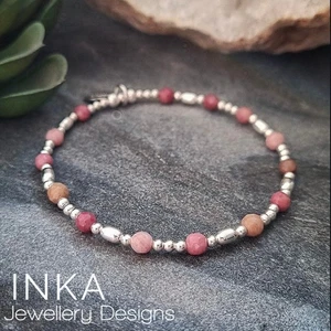 Rhodonite bead & Sterling Silver 925 Stretchy Stacking Bracelet By INKA - Picture 1 of 8