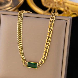 Gold-Plated Anti Tarnish Green Emerald Geometric Pendant - Picture 1 of 8