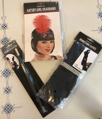 Disfraz de Halloween Gatsby rugiente años 20 tocado estrás guantes soporte para cigarros Foto 1 de 4