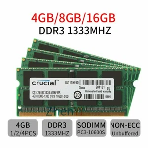 16 GB 8 GB 4G DDR3 1333 MHz PC3-10600 204 pines SODIMM memoria portátil SDRAM LOTE crucial - Imagen 1 de 13