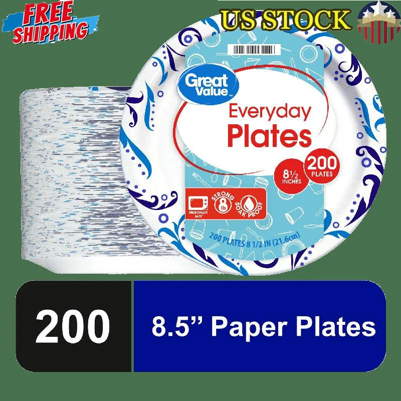 Great Value 8 3/8" Everyday Paper Plates 200 Ct Strong Heavy Duty Soak Proof