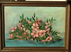Bezauberndes Vintage Original gerahmtes Ölgemälde rosa Blumen blau Landhaus Kern - Bild 1 von 10