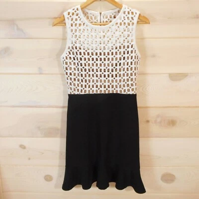 Vestido Vaina ABS Allen Schwartz Talla S Sin Mangas Negro Marfil Enrejado Superposición Foto 1 de 4