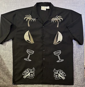 Vintage CAMERON Hawaiian Shirt Bowling Camp Black Retro Cocktails PALM TREES LG - Picture 1 of 10