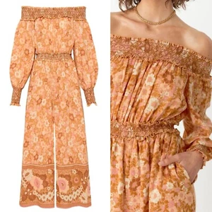 Spell Anne gesmockter Overall mit breitem Bein XS Pfirsich antik Blumenmuster schulterfrei Baumwolle - Bild 1 von 14