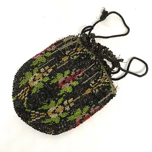 Antique Art Deco Nouveau Drawstring Beaded Purse Black w/ Colorful Pattern Parts - Picture 1 of 12