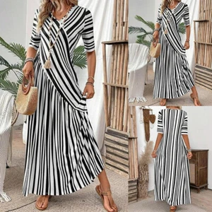Womens Striped Ankle-Length V-Neck Half Sleeve Maxi Dress Ladies Boho Long Dress - Picture 1 of 11